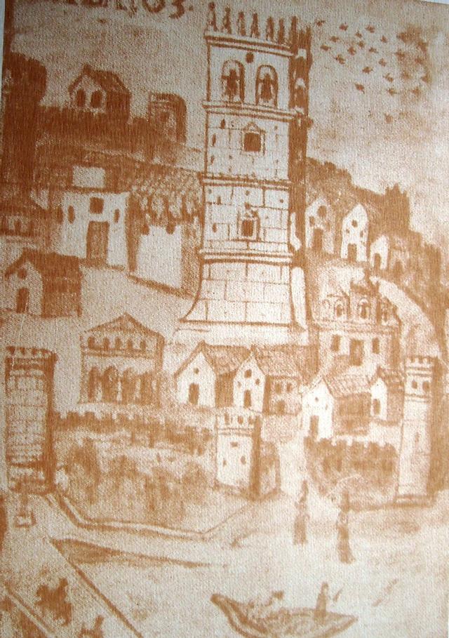 Se trata del dibujo más antiguo que se conserva de la ciudad de Badajoz. Debe ser del S. XVI y se ve el edificio del antiguo Hospital de la Vera Cruz con su fachada de columnas rematada por un frontón triangular.