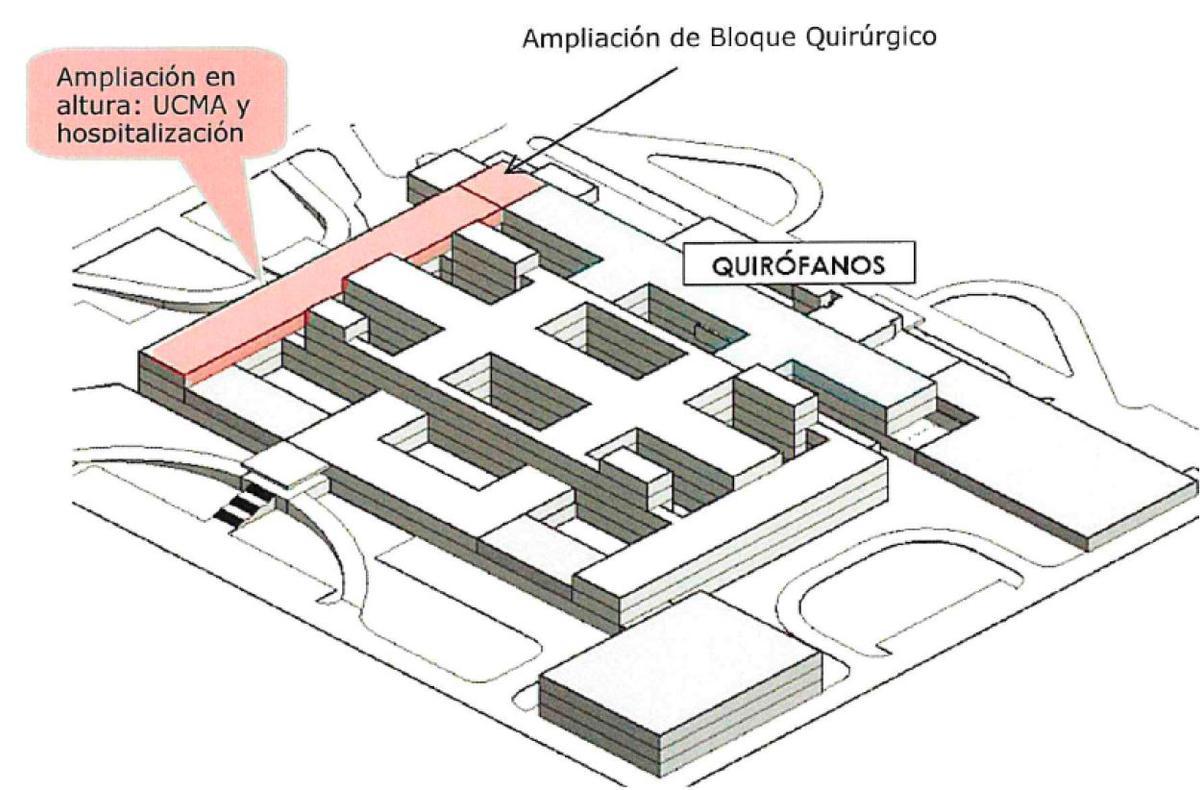 Esquema de la ampliación del Hospital de Sagunt por el ala oeste.