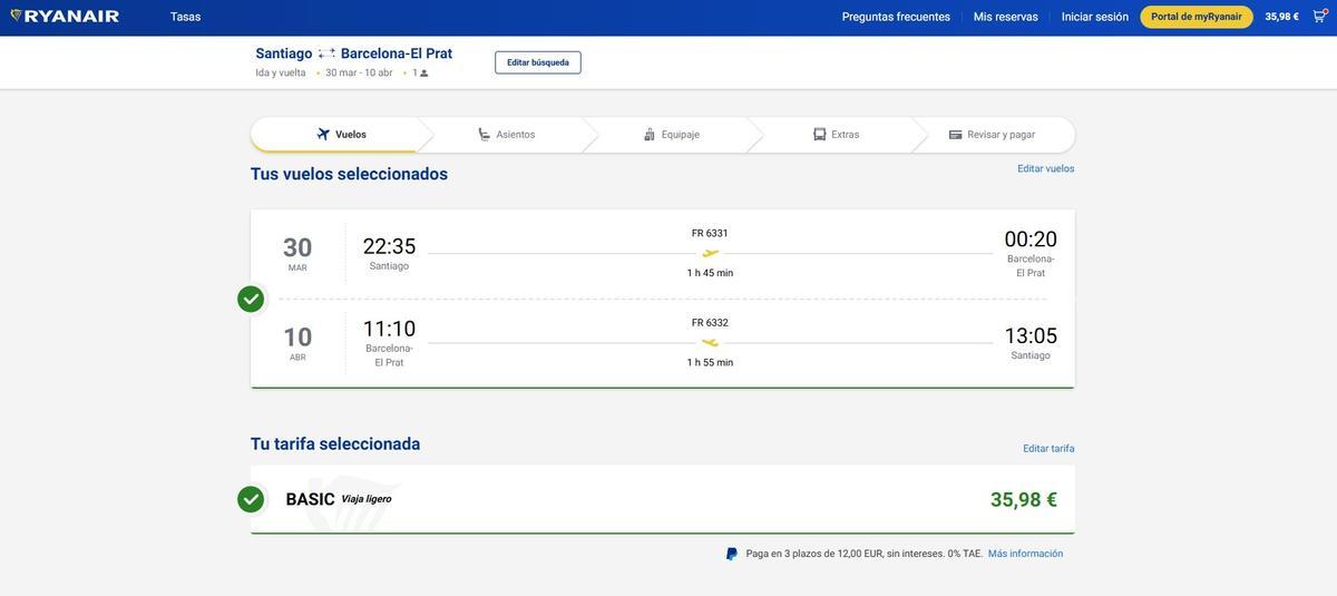 Captura de pantalla de la página de Ryanair con los vuelos desde Santiago a Barcelona por 35,98 euros