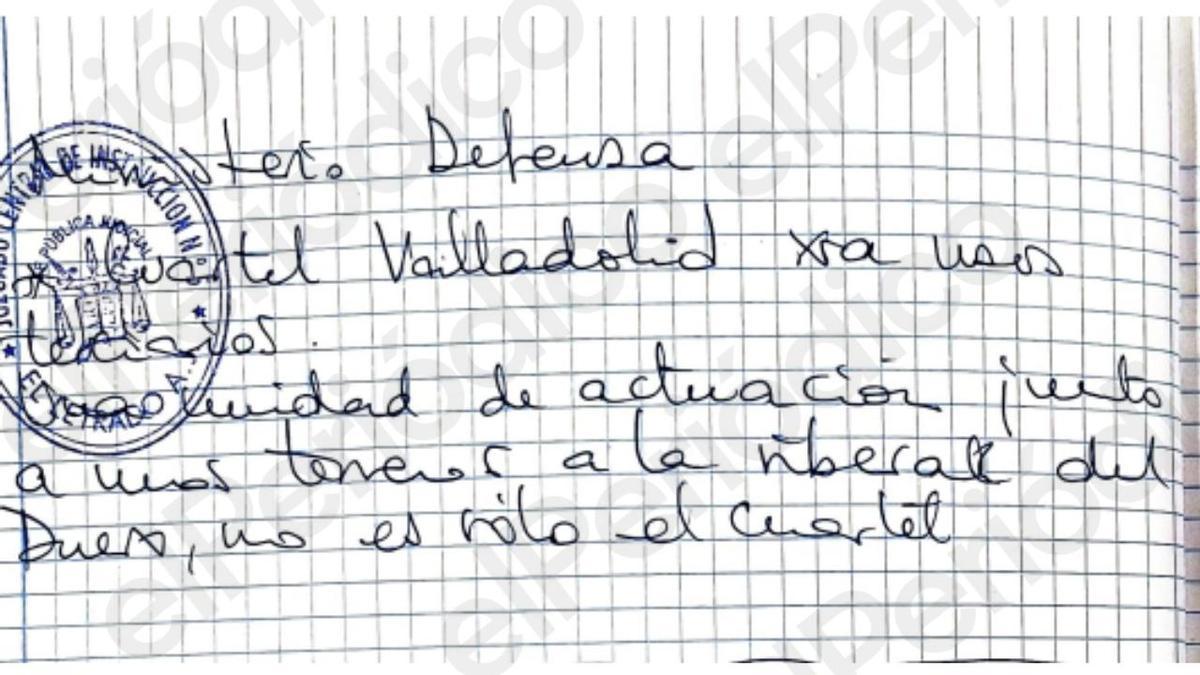 Recorte de la libreta de Leire Díez en la que la 'fontanera' apunta datos sobre unos terrenos del Ministerio de Defensa en Valladolid