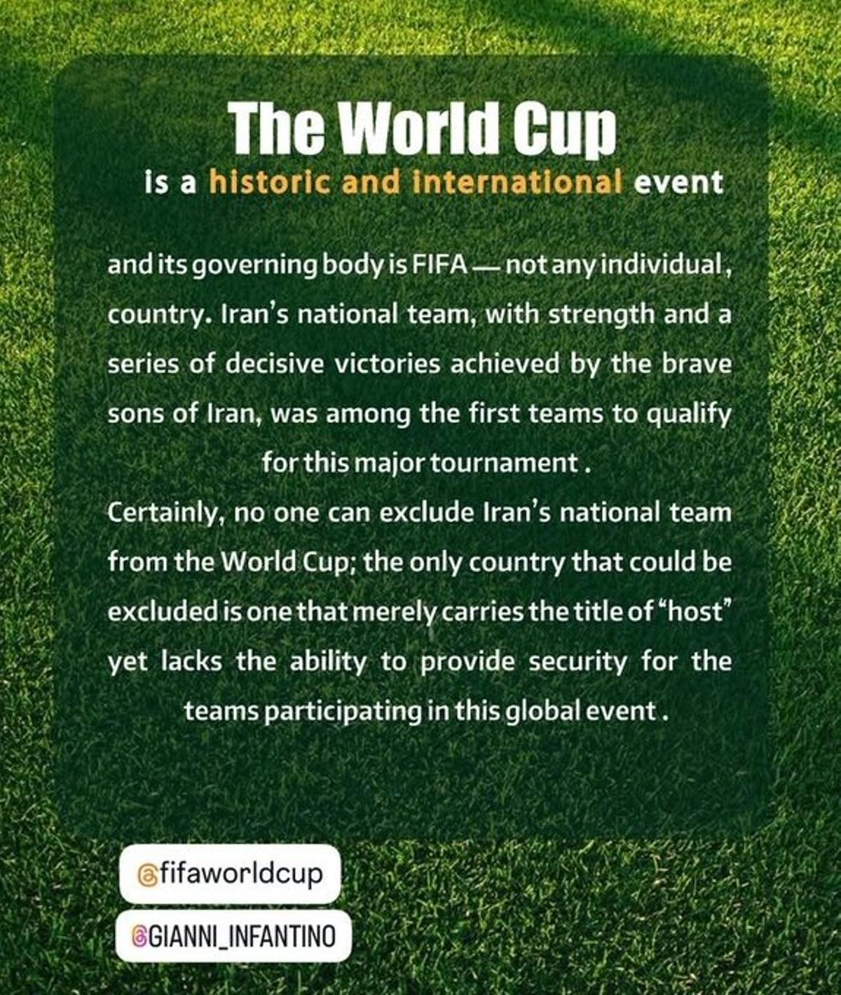 El texto en inglés colgado en la cuenta de Instagram del equipo nacional de fútbol de Irán