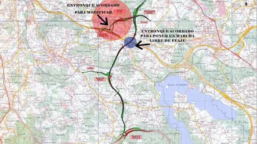 Vista del trazado de la vía ártabra aprobado por la Xunta, con el entronque propuesto por los alcaldes.
