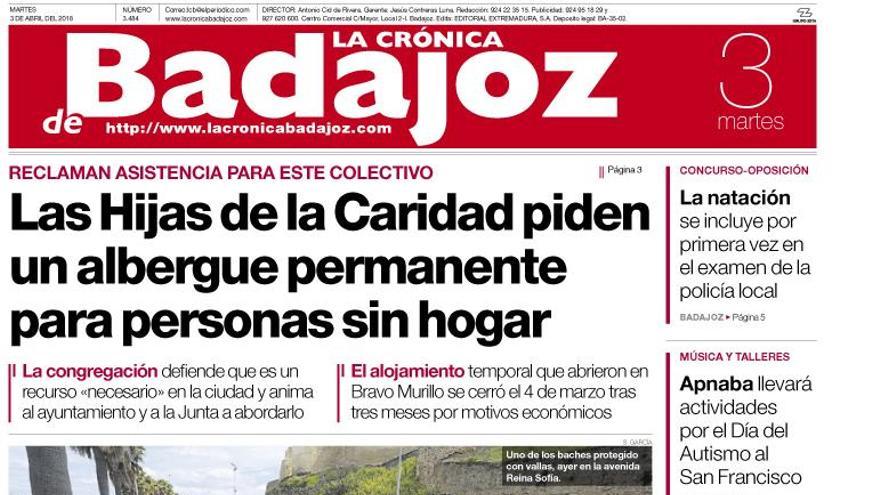 Esta es la portada de LA CRÓNICA DE BADAJOZ correspondiente al día 3 de abril del 2018