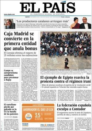 ’El País’ destaca a més a dins que el líder del PSOE sevillà justifica les ajudes per a acomiadaments que va concedir; que el tall del vídeo de la xivatada policila a ETA no va ser accidental, segons un informe; i que Montilla atribueix el dèficit extra de la seva gestió a la caiguda dels ingressos i acusa CiU de manipular les dades per justificar les retallades. També que el Govern subhastarà les freqüències de mòbil per sanejar els comptes públics; que el Govern de Mas deixa també en l’aire el futur de 44 ambulatoris, i que Artur Mas col·loca el germà de Felip Puig al capdavant del Servei de Meteorologia.
