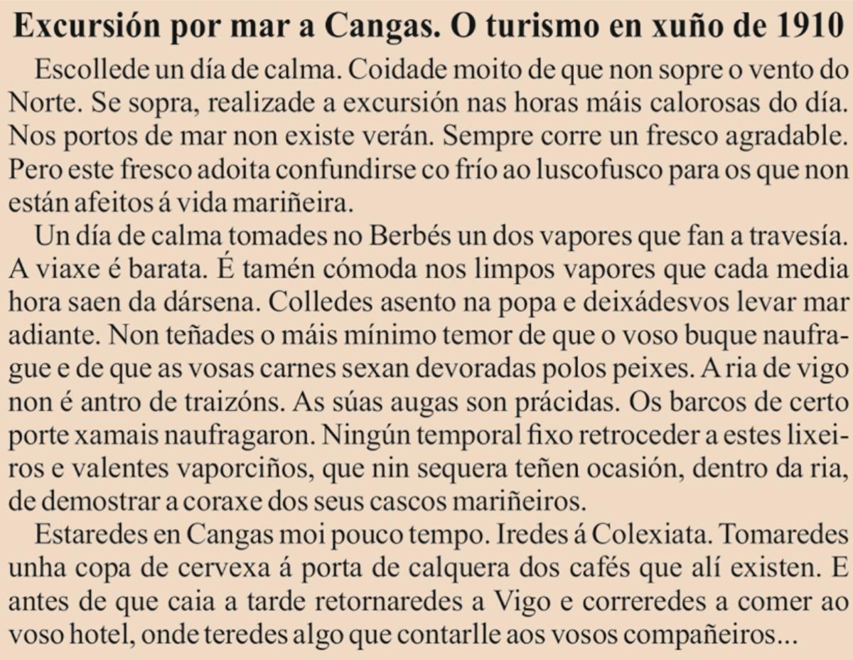 Unha peza sobre unha excursión por mar a Cangas en xuño de 1910.