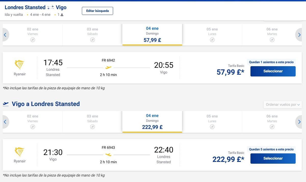 Precios para los últimos vuelos de Ryanair entre Londres y Vigo el 4 de enero