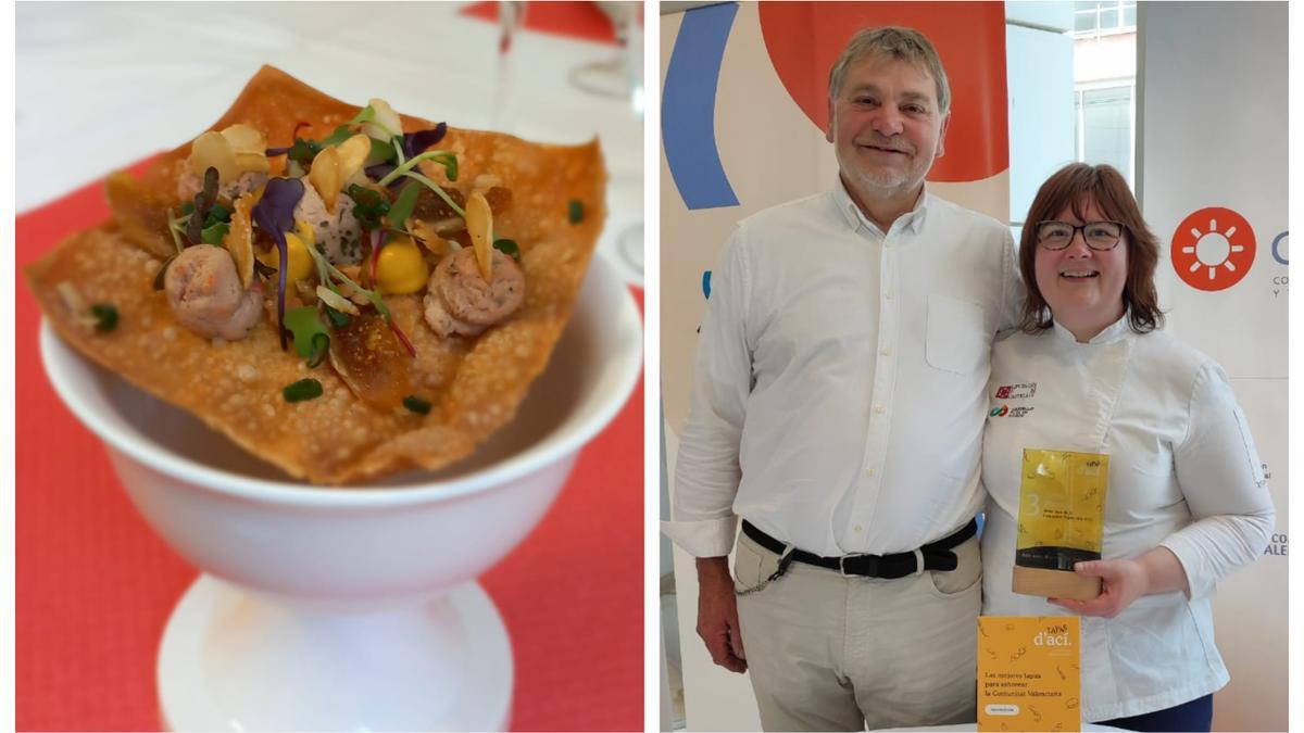 La tapa premiada de La Carrasca, junto a los propietarios del restaurante de Culla, Miguel y Cati.