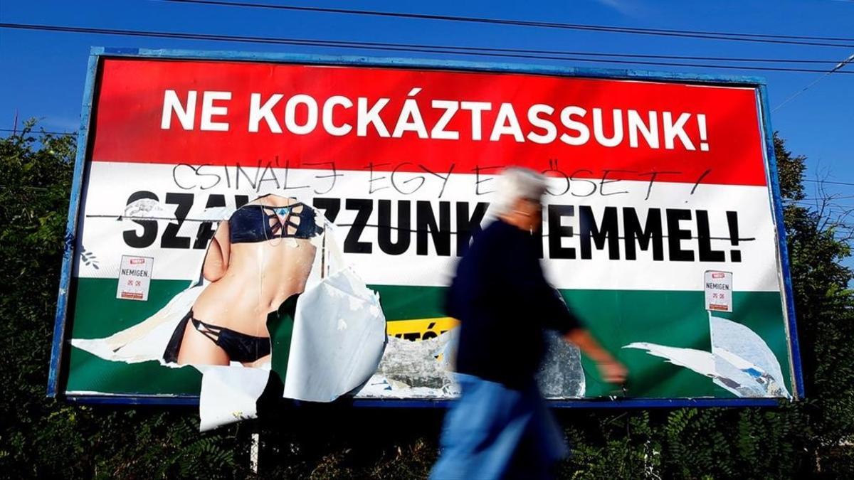 Cartel de la campaña gubernamental por el 'no' en el referéndum de Hungría