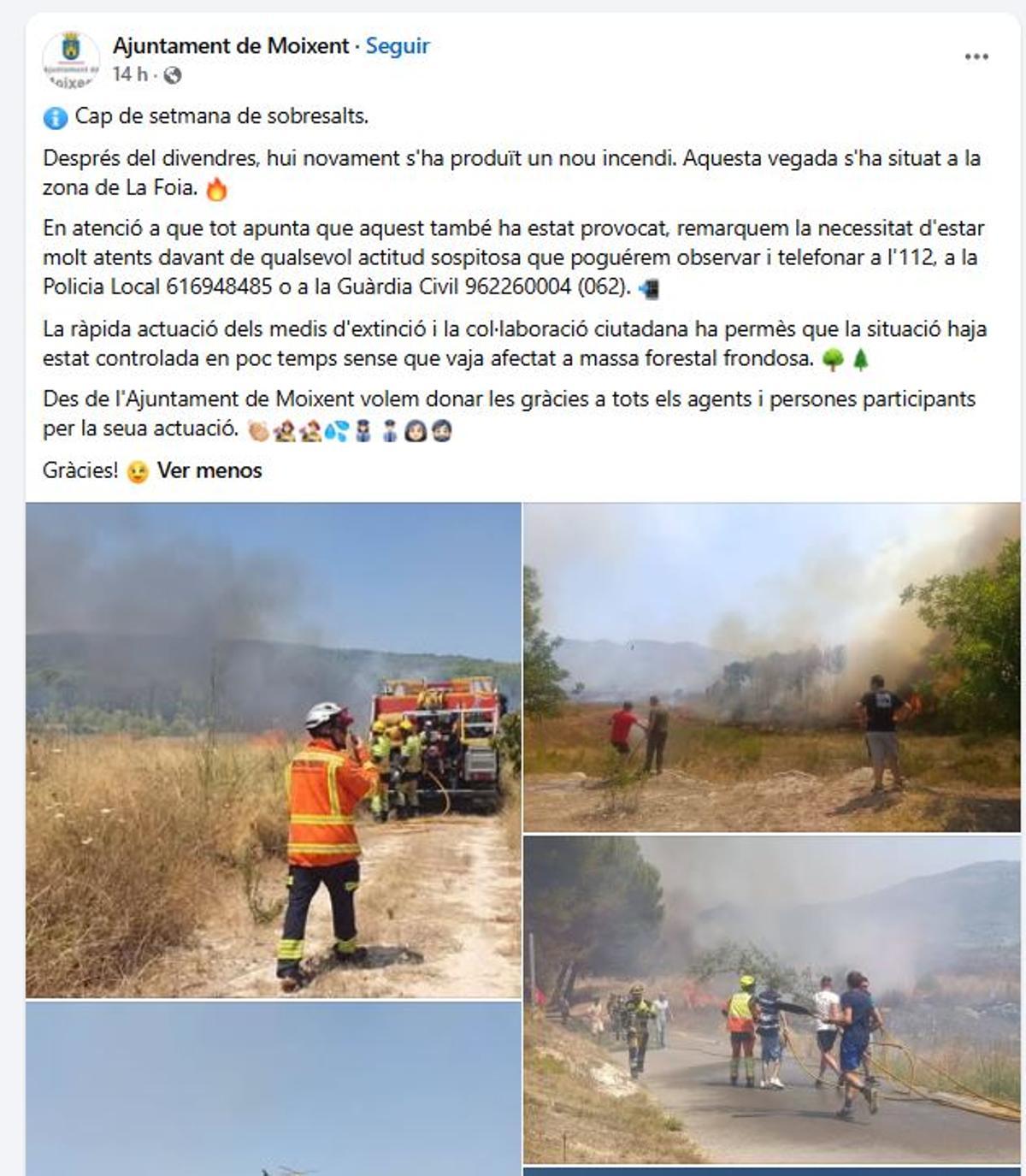 Publicación compartida en la red social Facebook por el Ayuntamiento de Moixent.