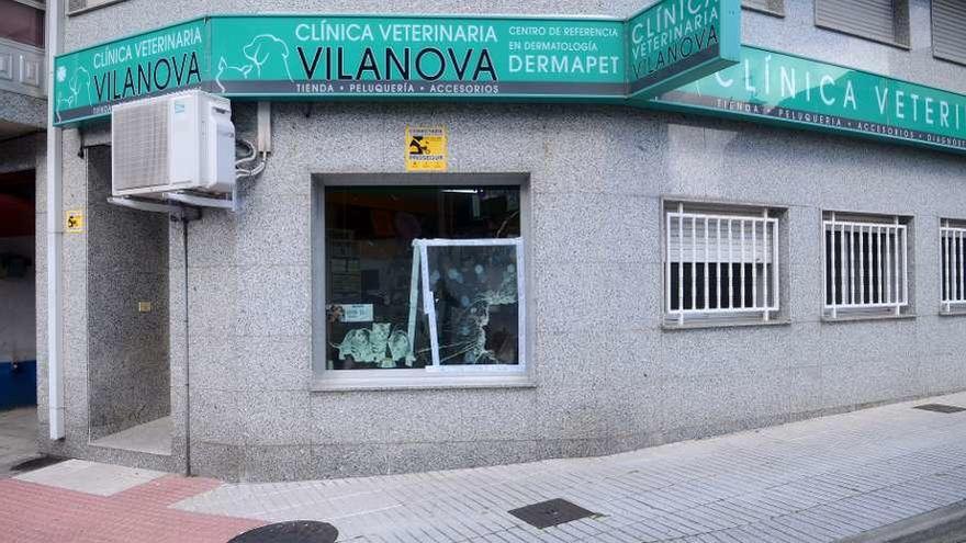 Los supuestos ladrones le reventaron la cristalera a una clínica veterinaria en el casco urbano. // N. Parga