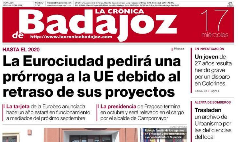 Esta es la portada de LA CRÓNICA DE BADAJOZ correspondiente al día 17 de julio del 2019