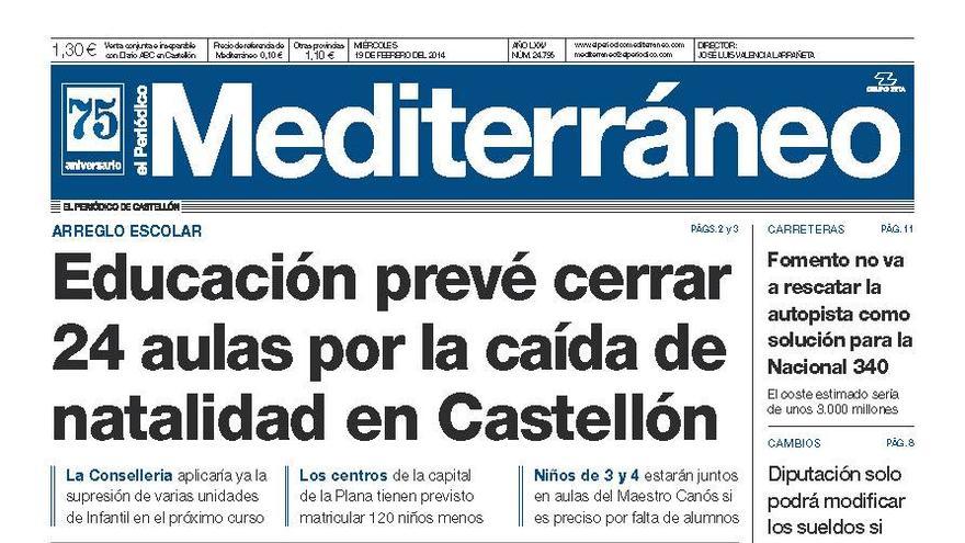 “Educación prevé cerrar 24 aulas por la caída de la natalidad en Castellón”, hoy en la portada de El Periódico Mediterráneo