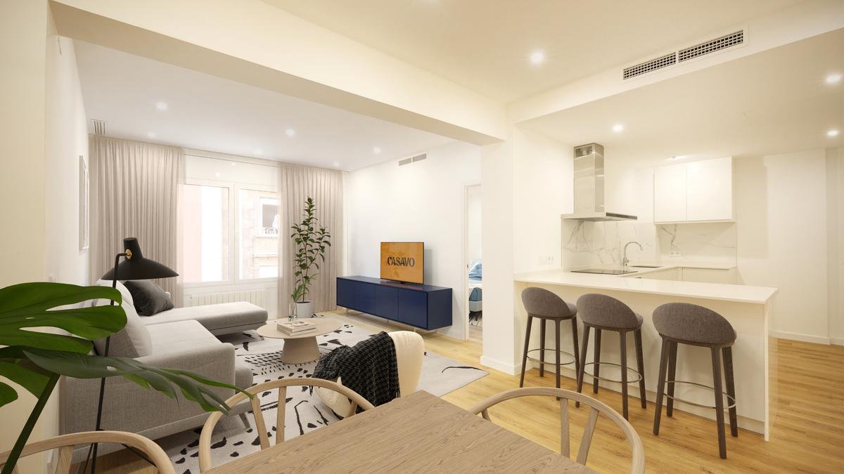 Vivienda real rehabilitada en Barcelona, a la que se han añadido virtualmente los muebles para diseñar su interiorismo.