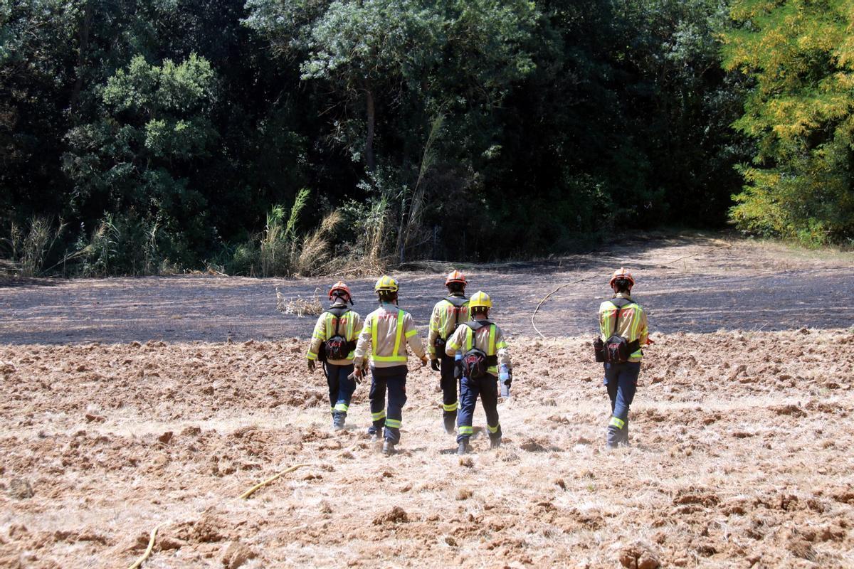 Un grup de Bombers avançant per un camp cremat per rematar punts calents de linterior del perímetre del foc de les Gavarres  Data de publicació: dilluns 06 de juliol del 2026, 13:36  Localització: La Bisbal d’Empordà  Autor: Xavier Pi / Gemma Tubert
