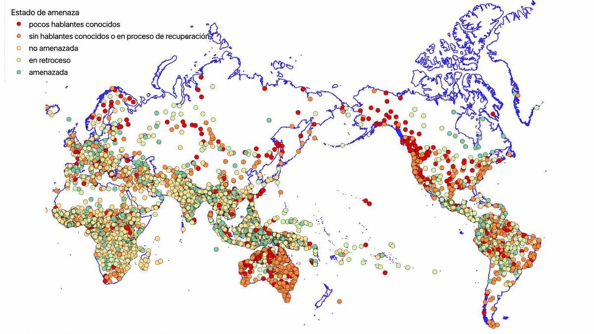 Lenguas contemporáneas y su estado de conservación. Elaborado con un mapa base de Natural Earth utilizando datos de Glottolog 5.3 e información adaptada de GlottoScope.