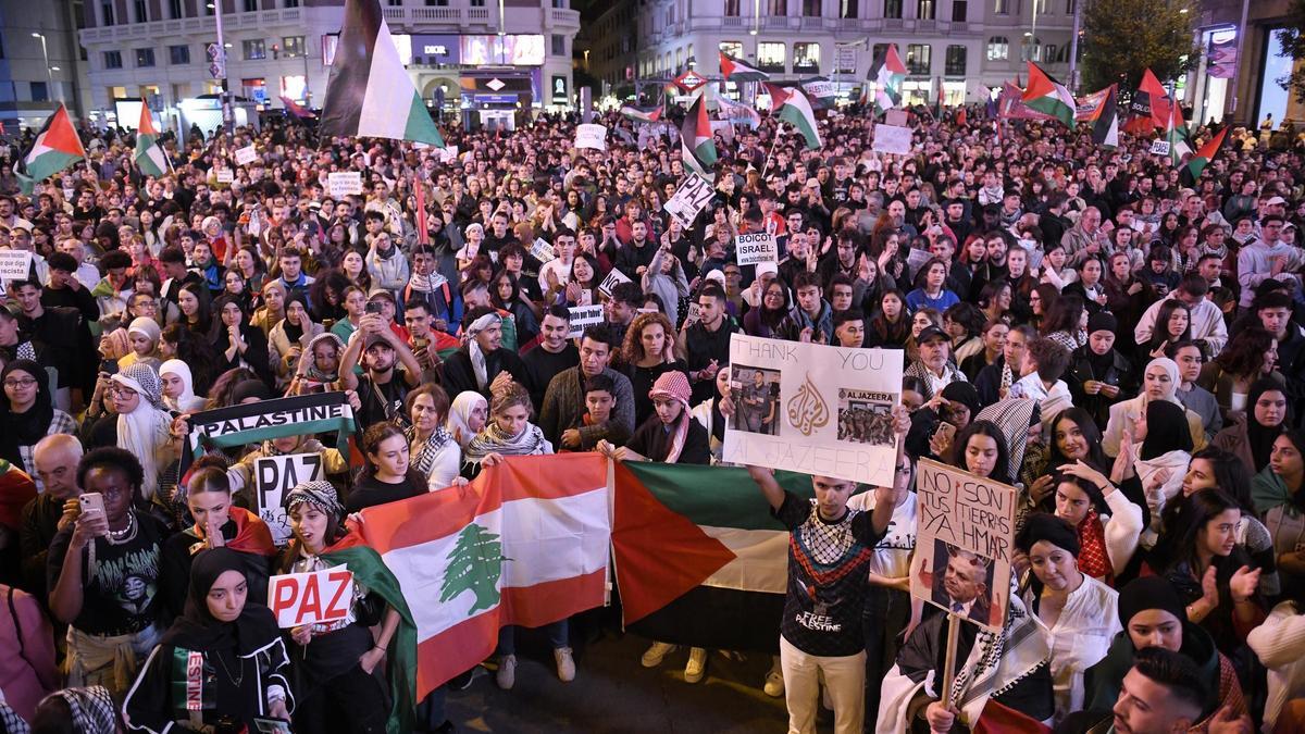 Manifestación de protesta contra la operación militar de Israel en Gaza, en la plaza Callao de Madrid, hace unos días.