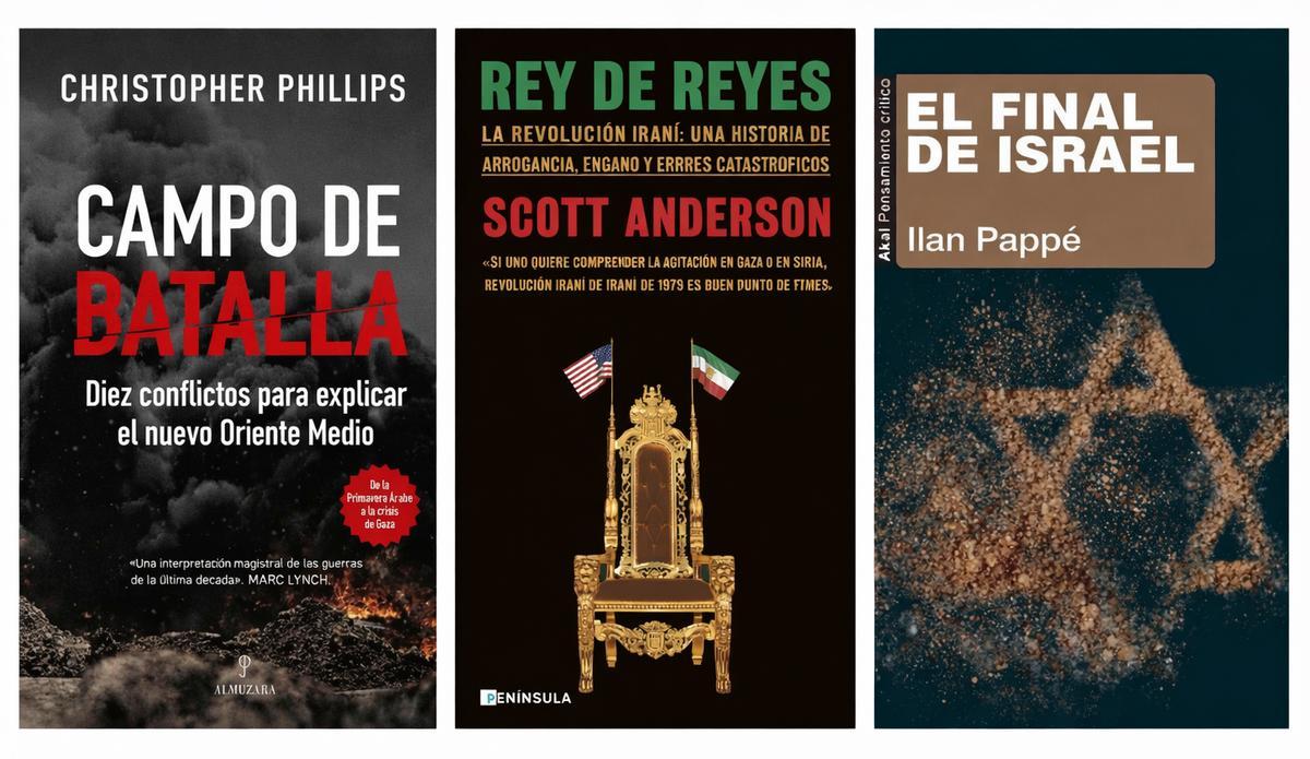 Portadas de 'Campo de batalla', 'Rey de reyes' y 'El delirio de Israel'.