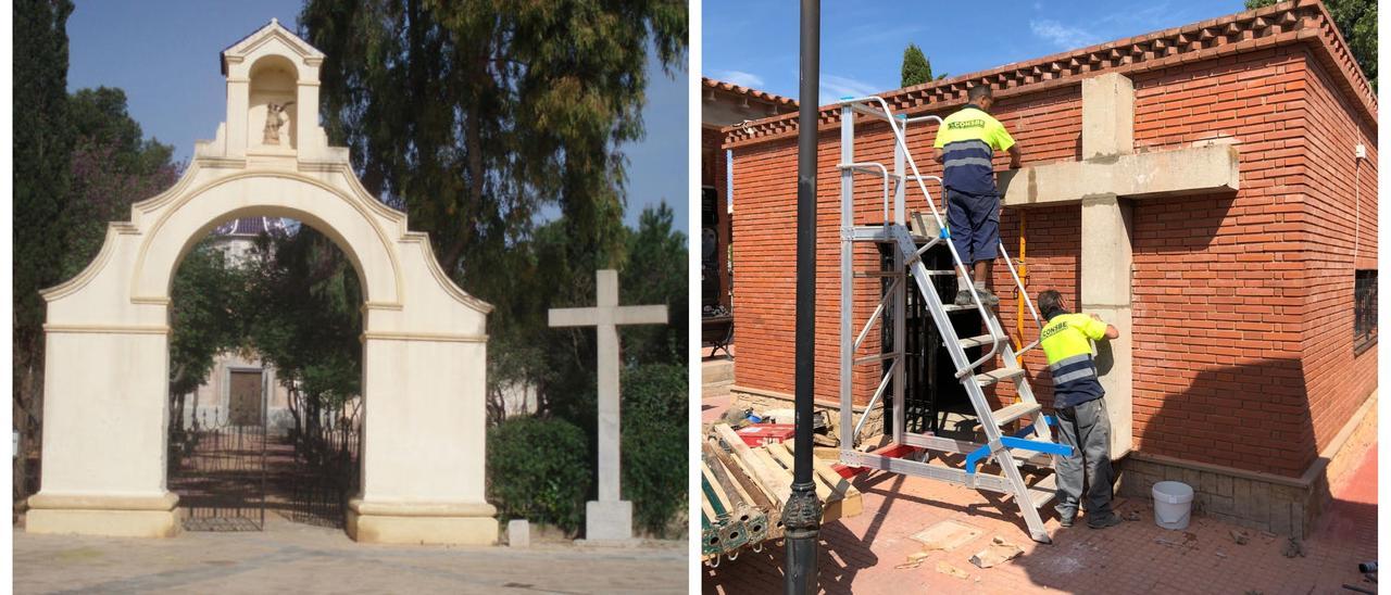 A la izquierda, lugar original de la cruz, junto al acceso al calvario de Betxí. Estuvo ahí hasta el 2019. A la derecha, su emplazamiento actual, adosada a una capilla en el cementerio.