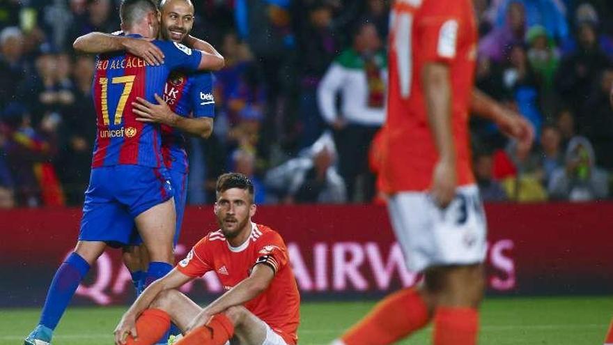 Los jugadores de Osasuna, el miércoles en el Camp Nou.