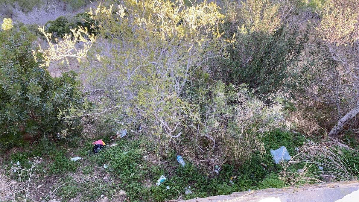 Basura entre matorrales en el parque natural de la Serra Gelada, en Benidorm.