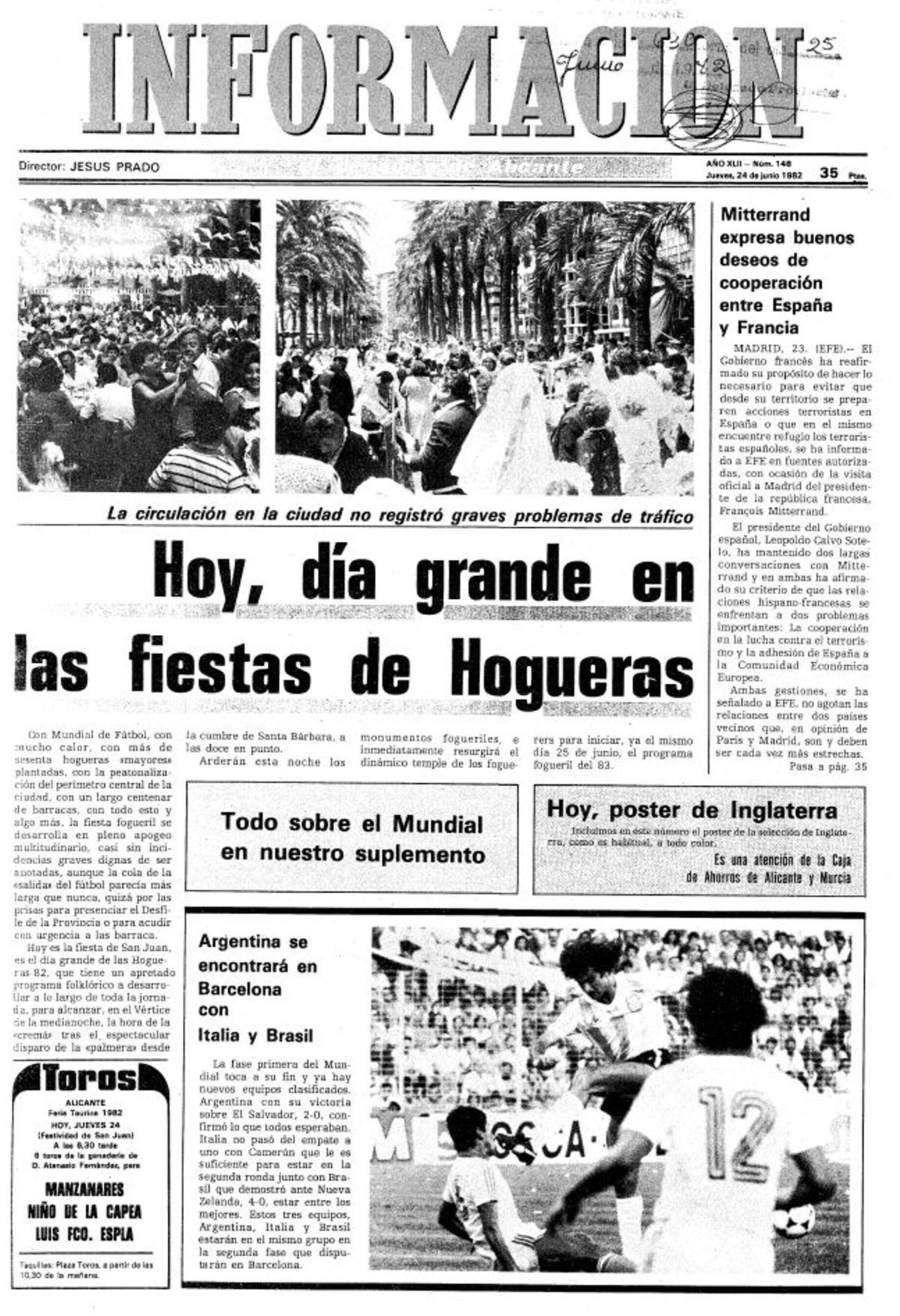 Portada de INFORMACIÓN del 24 de junio de 1982, con el Mundial de España 82 y las Hogueras de Alicante compartiendo protagonismo en plena jornada grande de las fiestas.