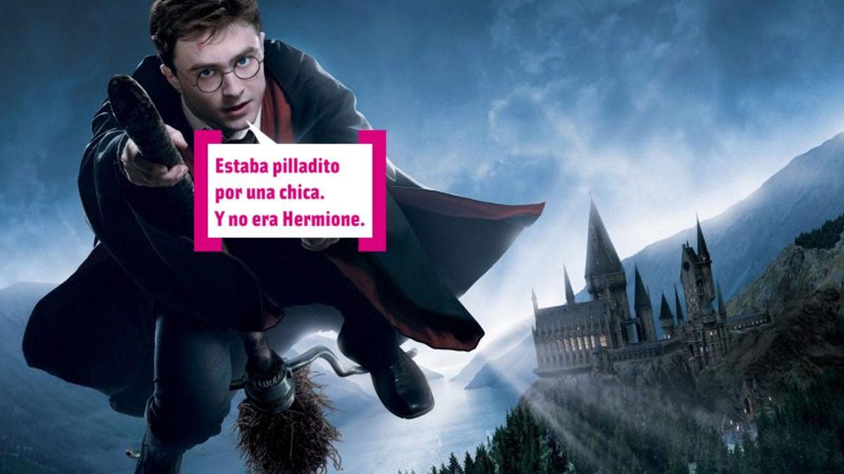 Harry Potter subido en su escoba con bocadillo cuore