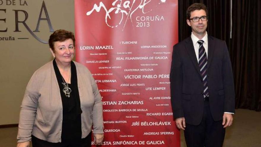 La edil Ana Fernández junto al gerente de la OSG, Andrés Lacasa, ayer en el Palacio de la Ópera. / iria fernandez