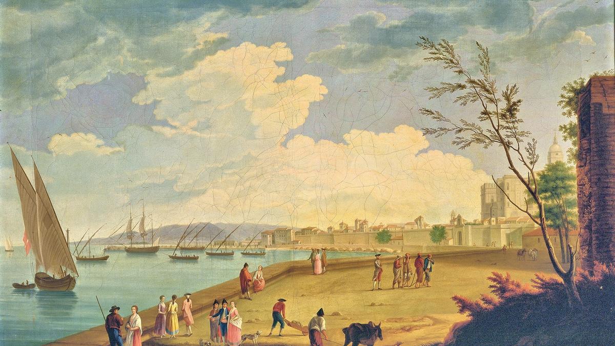 Vista de Málaga desde el muelle de Levante, en 1785, obra de Mariano Sánchez; hoy en el Palacio de la Zarzuela.