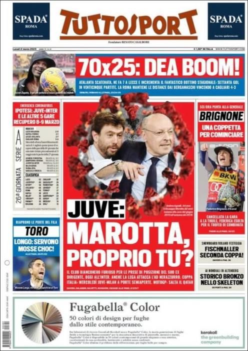 Portada TUTTOSPORT lunes 2 marzo 2020