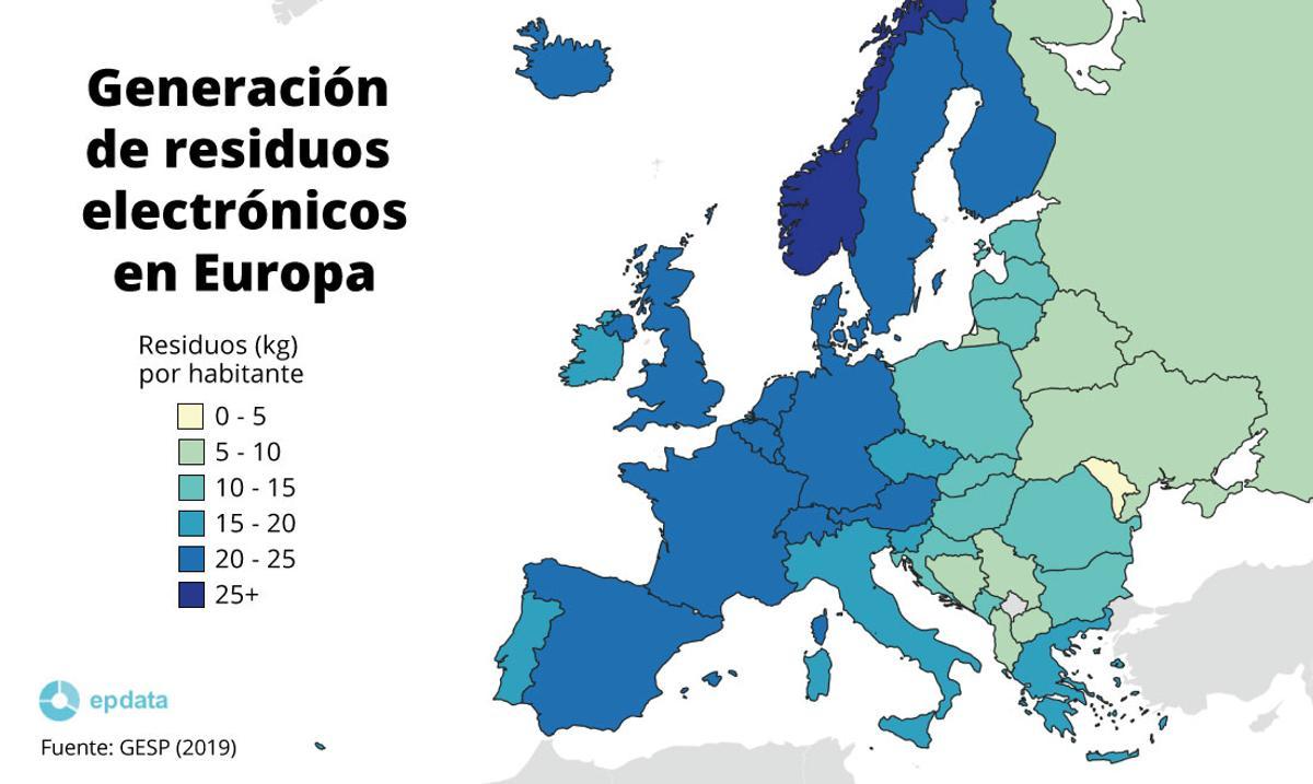 Mapa de generación de residuos electrónicos en Europa
