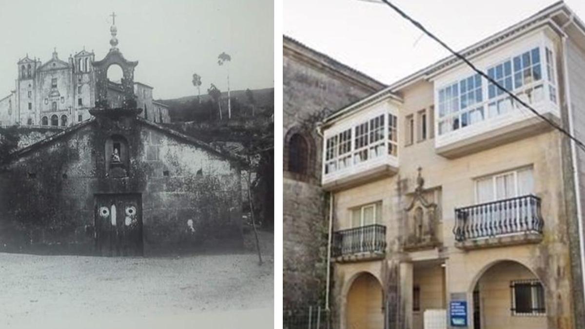 A la izquierda, desaparecida capilla del antiguo cementerio y a la derecha, la sede de la Escola de Música