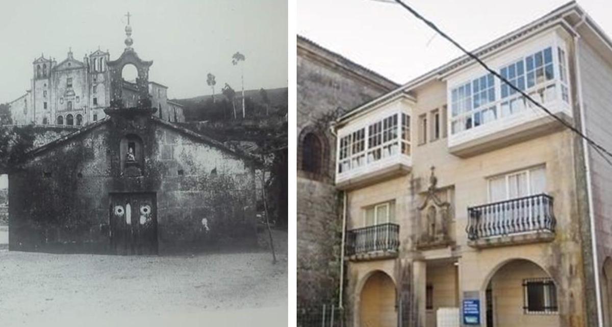 A la izquierda, desaparecida capilla del antiguo cementerio y a la derecha, la sede de la Escola de Música