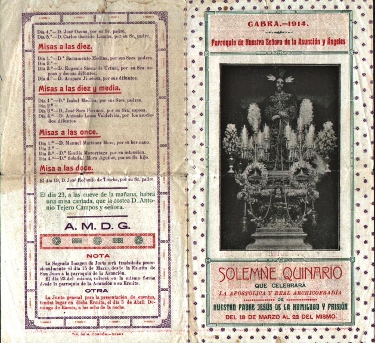 Jesús Preso de Cabra. Cartel anunciador del quinario en el año 1914, en la parroquia de Ntra. Señora, de la Asunción y los Ángeles.