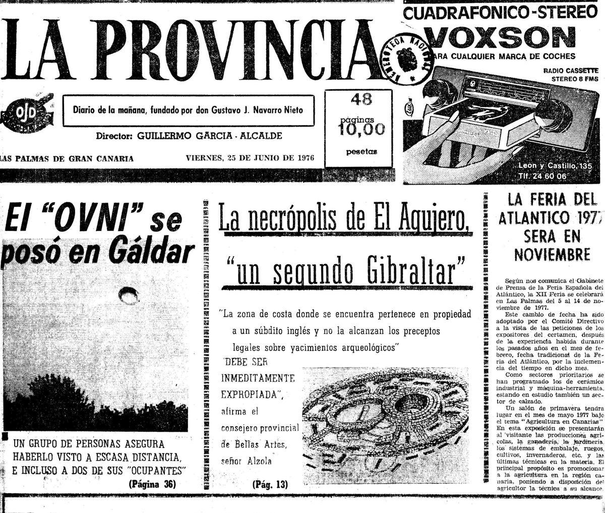 Portada del 25 de junio de 1976 de La Provincia, en el que se habla del ovni que se posó en Gáldar.