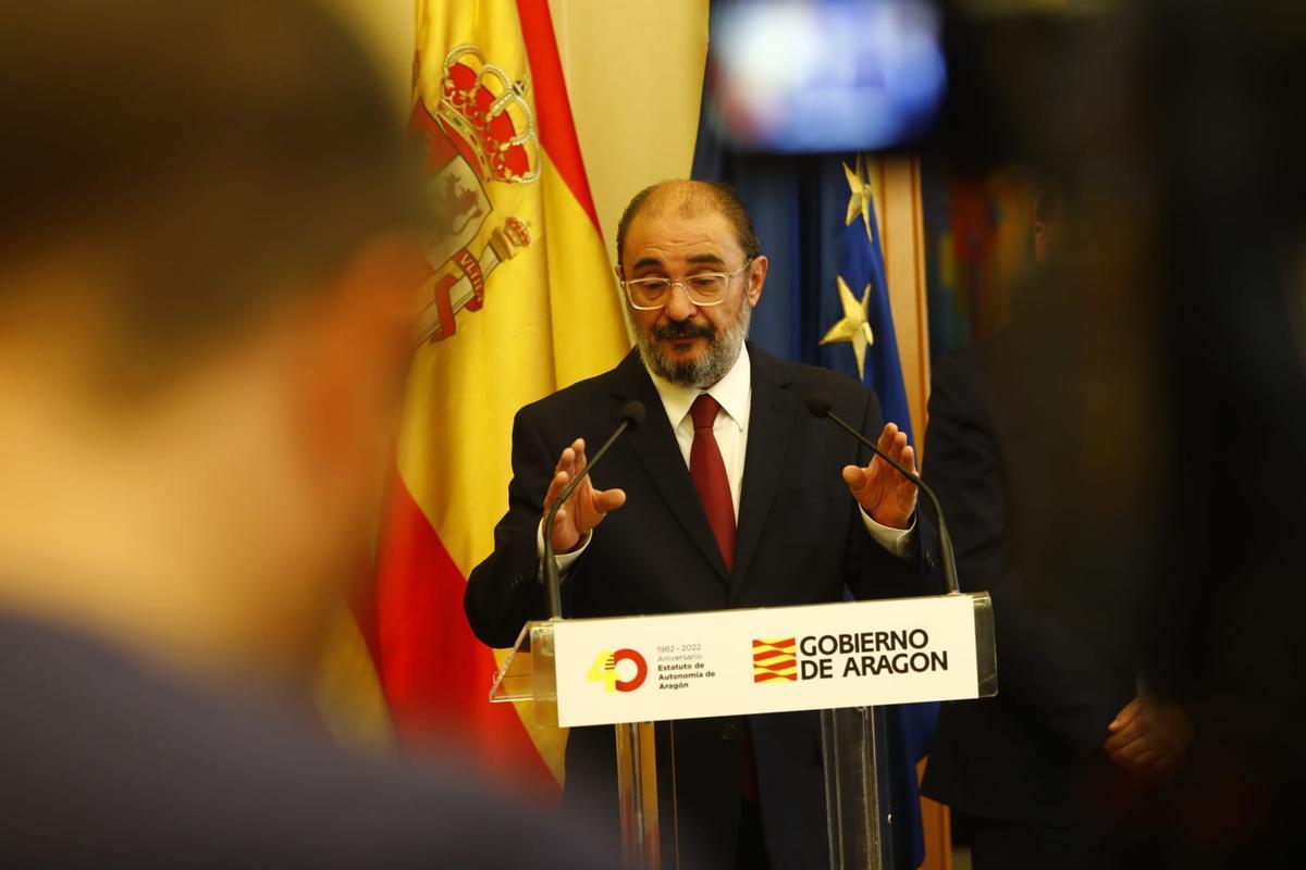 El presidente de Aragón, Javier Lambán, en la presentación de los presupuestos y la reforma fiscal.