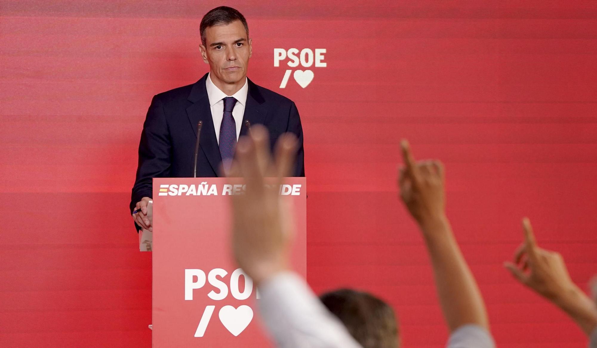 Pedro Sánchez, en la rueda de prensa que ha ofrecido en la sede del PSOE.