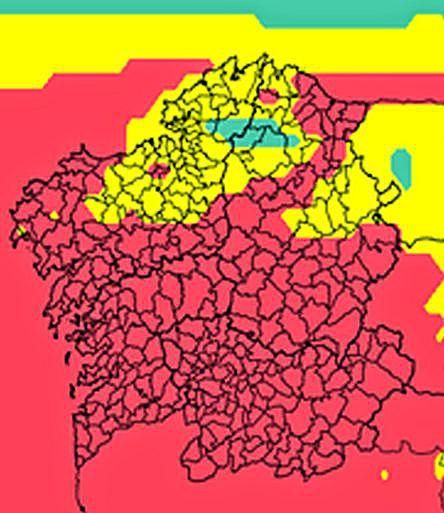 Predicción de MeteoGalicia para hoy. La calidad del aire seguirá siendo mala (en rojo) durante la mañana en casi toda la comunidad.