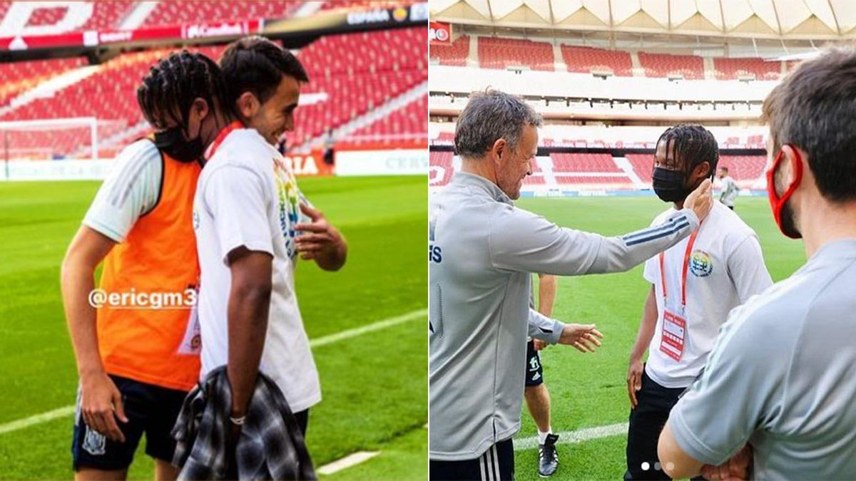 Ansu Fati saluda a La Roja durante un entrenamiento en el Wanda