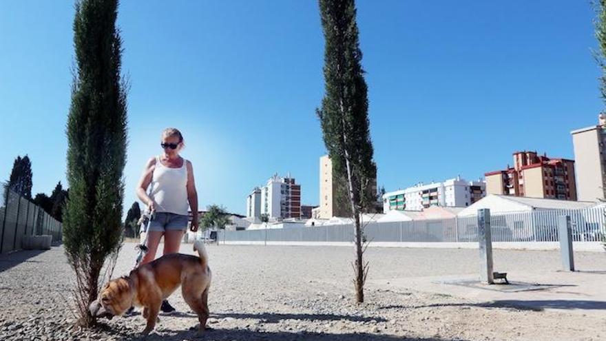 Una usuaria pasea su perro por el parque canino que el Ayuntamiento de la capital ha construido encima de las fosas del Cementerio San Rafael