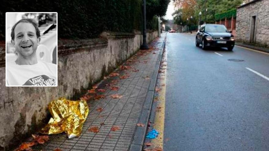 El lugar del accidente. En el recuadro, la víctima.