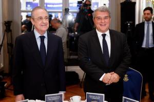 Florentino Pérez y Joan Laporta en la presentación de la Superliga