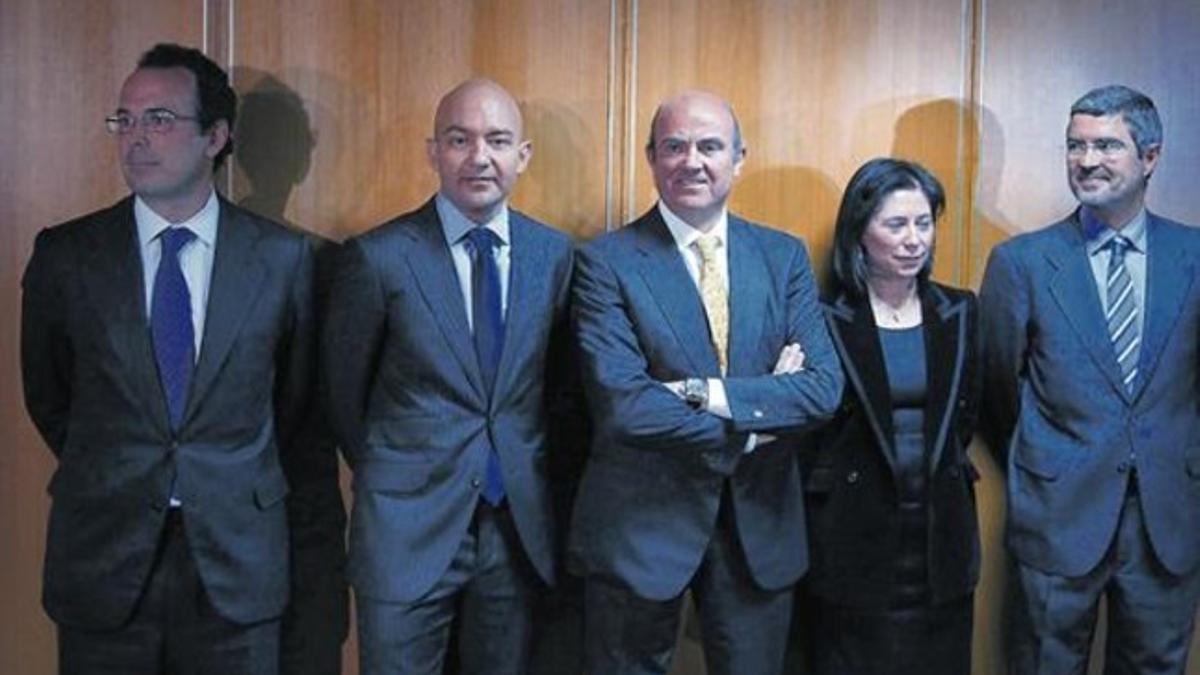 Desde la izquierda, Miguel Temboury, subsecretario; García-Legaz; De Guindos, Rosa María Sánchez-Yebra, directora de gabinete; y Jiménez, ayer.