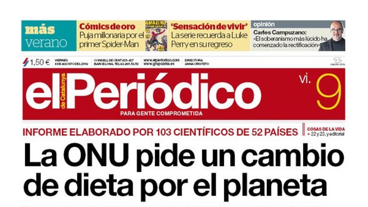 La portada de EL PERIÓDICO del 9 de agosto del 2019.