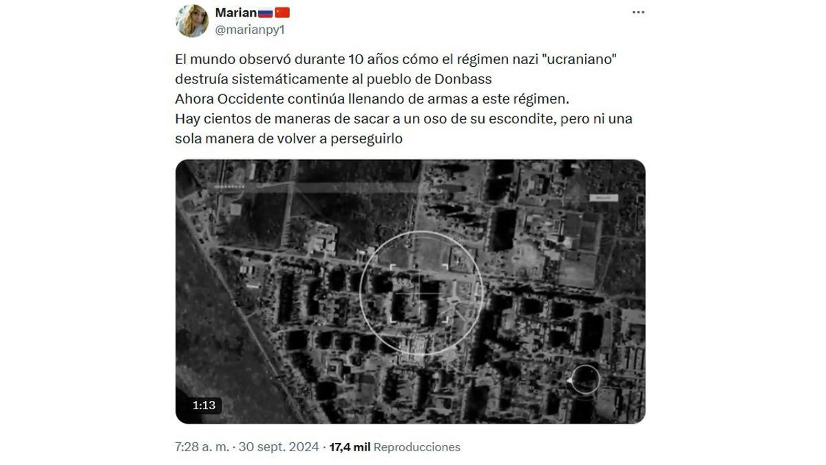 Captura de pantalla del post que transmite la narrativa falsa de la aniquilación del "pueblo del Donbás", un argumento emplado por Vladímir Putin.