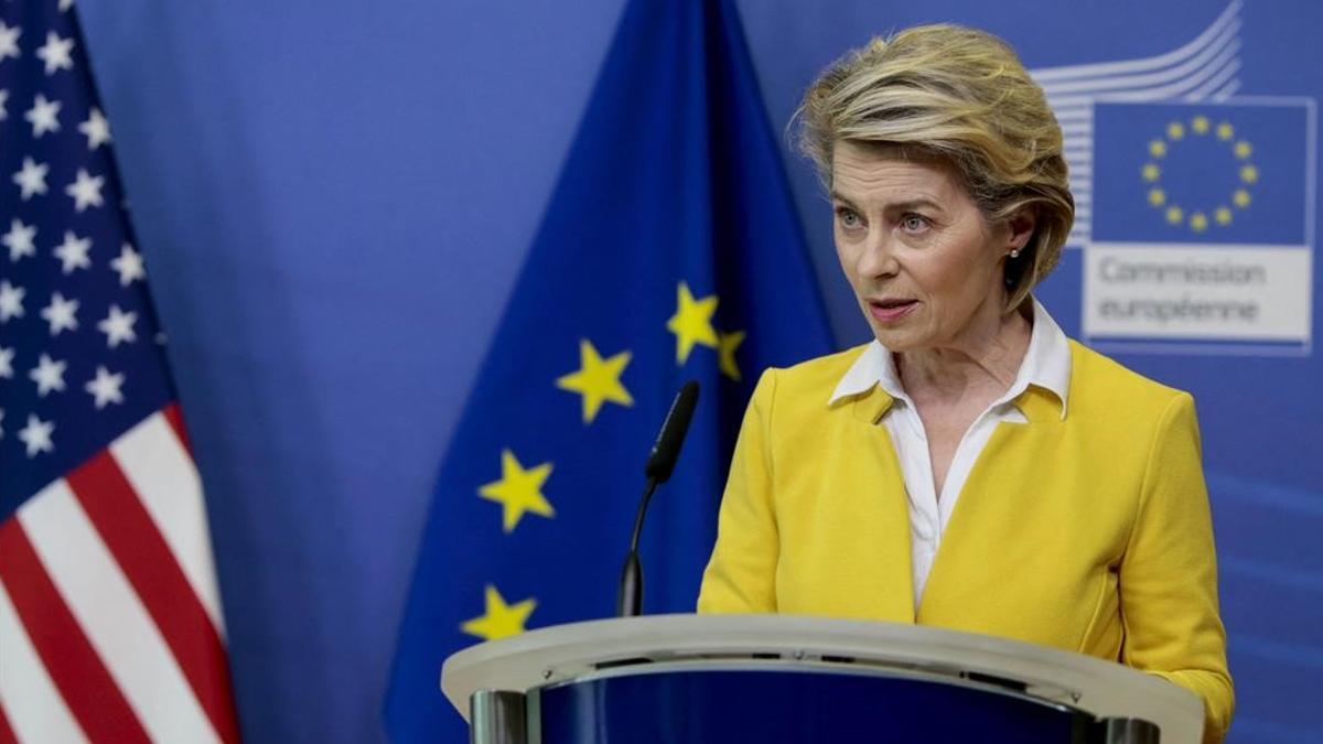 President of the European Commission Ursula von der Leyen gives a press conference with the US Secretary of State ahead of their meeting in Brussels  on March 24  2021  (Photo by Virginia Mayo   POOL   AFP)