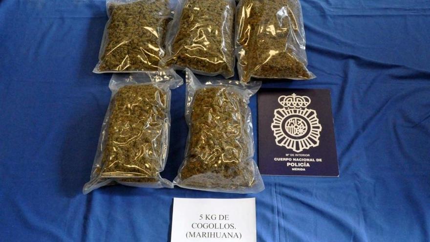 La Policía Nacional detiene a dos hombres en Mérida con más de 5 kilos de marihuana