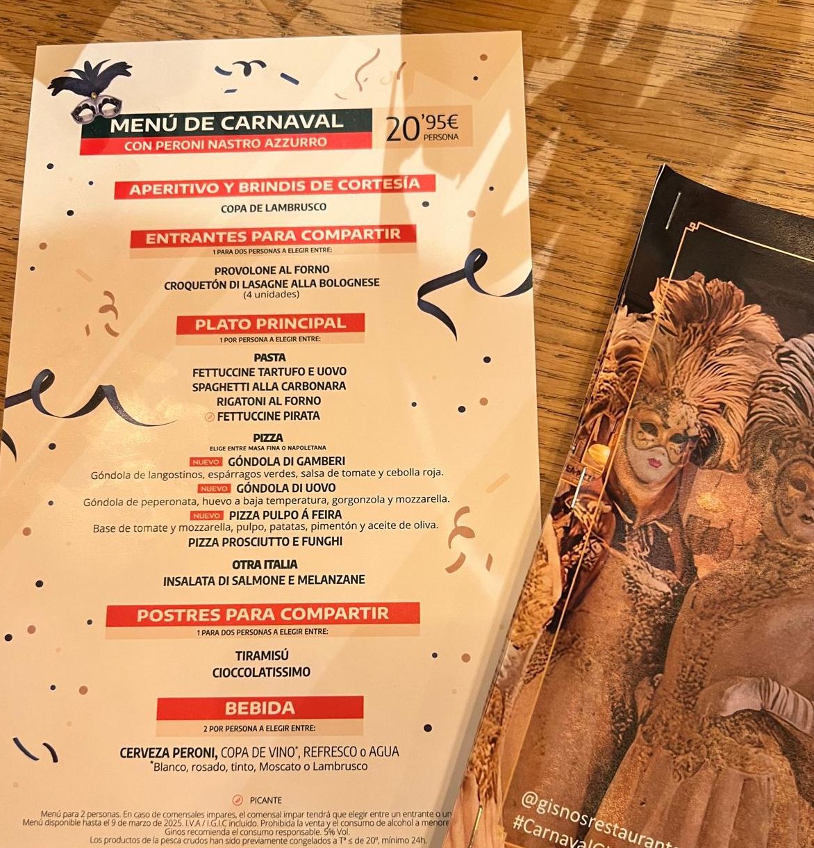 Menú de carnaval de Ginos
