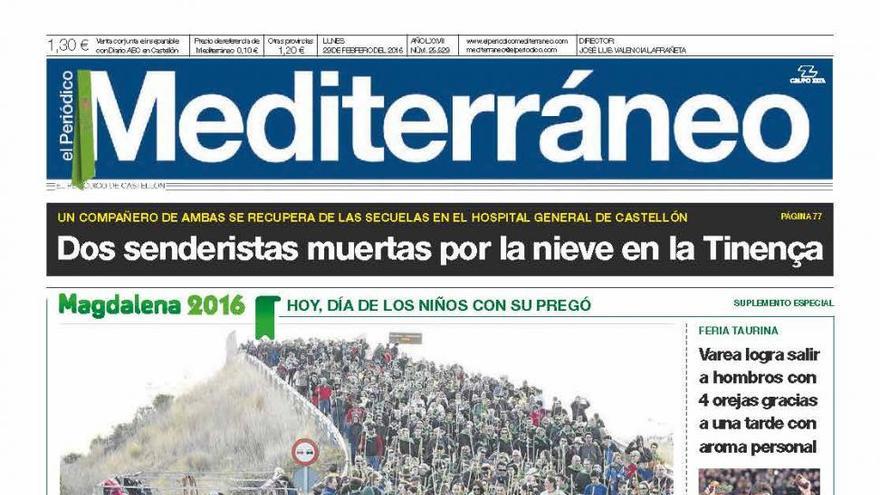 Dos senderistas muertas por la nieve en la Tinença, en la portada de Mediterráneo