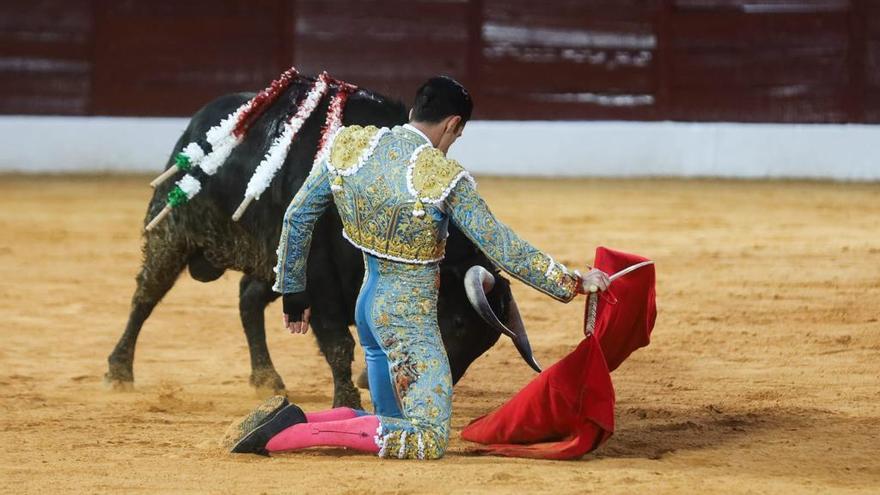 El diestro extremeño Alejandro Talavante, de rodillas, durante la corrida de ayer en Olivenza.