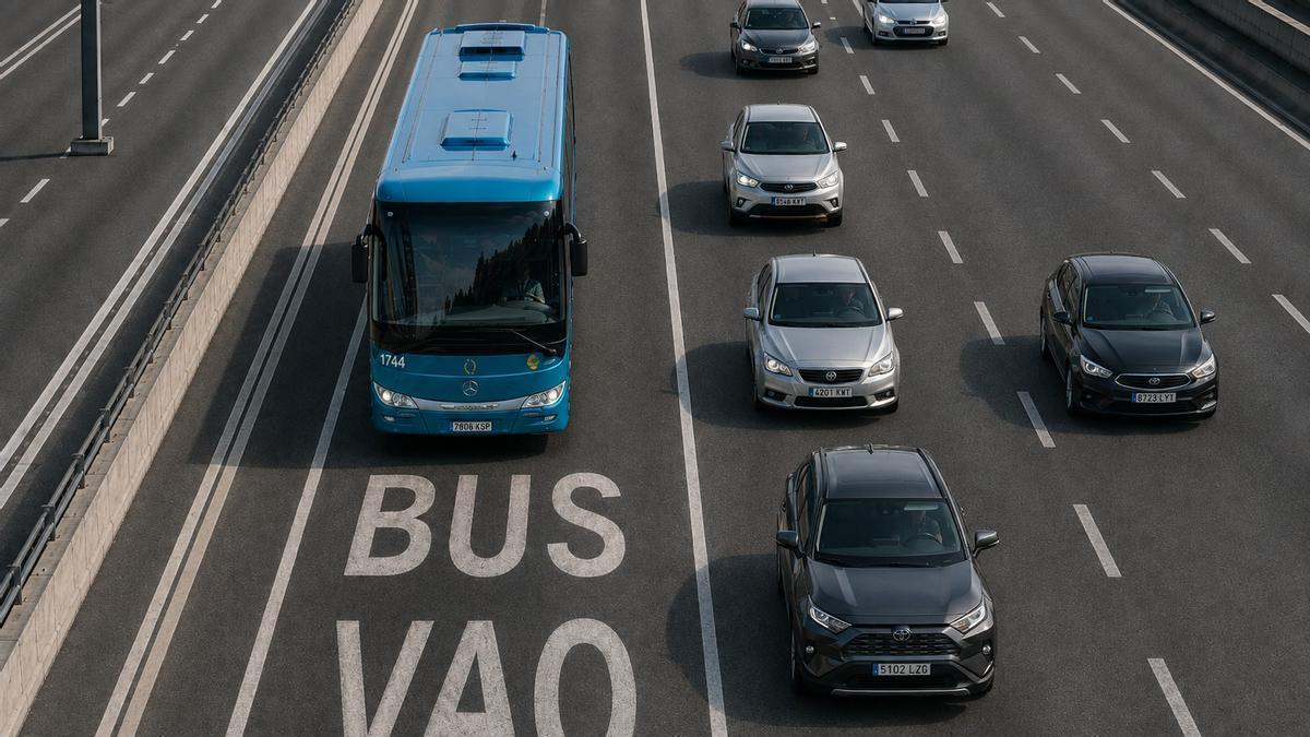Una guagua de Global circula por una carril BUS-VAO.
